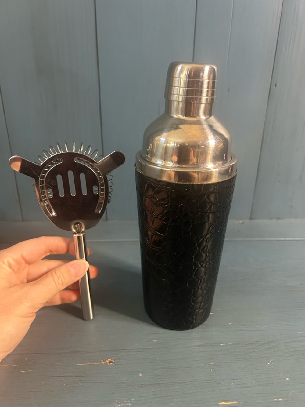 Black Crocodile Leather Textured Cocktail Shaker with Stainless Steel Top